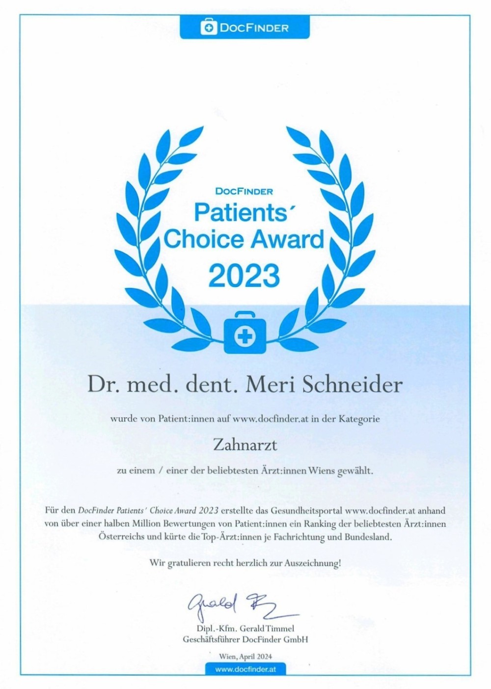 Patients' Choice Award 2023 - DocFinder Österreich